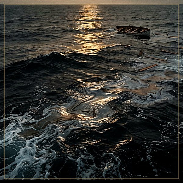 Dark open sea at low winter sun, oil sheen on the water and a single empty overturned lifeboat in the distance.